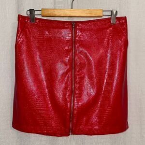 Shinestar L Croc Print Full Zip Vibrant Red Faux Leather Mini Pencil Skirt